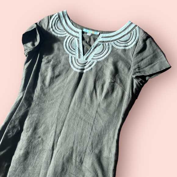 Women’s Boden Military Green Light Blue Embroidered Collar Linen Dress Size 12 - Picture 9 of 16